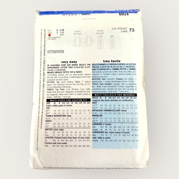 Vintage 2000s Butterick Sewing Pattern 6914 Misses Top Pants Size 18-22 - Picture 2 of 2